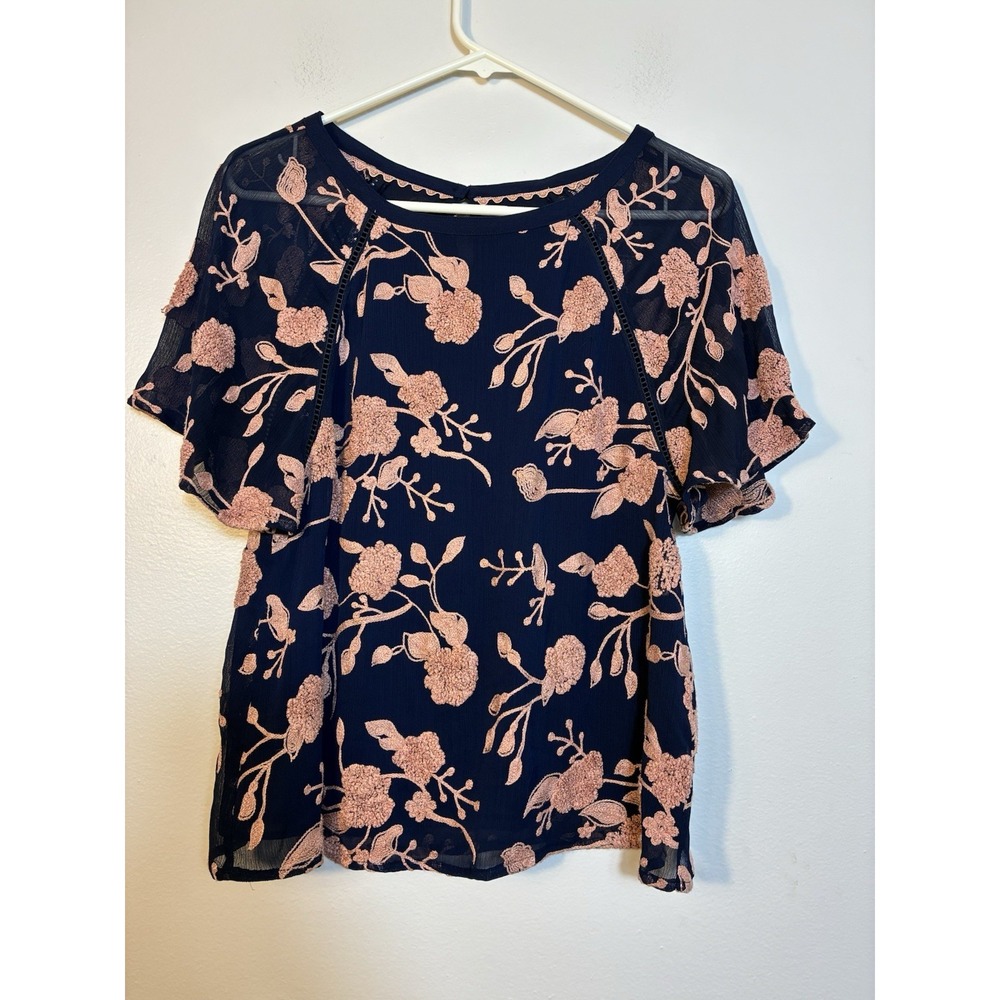 Meave Anthropologie Short Sleeve Blouse Embroidered Sz XS Oversized Navy‎ Blue